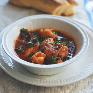 Tomato-Poached Monkfish + Shrimp with Garlic and Broccolini