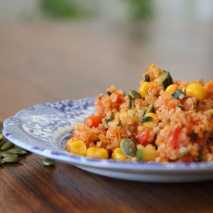 Tomato Quinoa with Zucchini Red Pepper and Corn