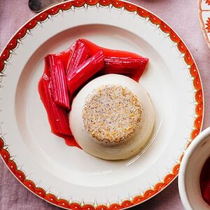 Tonka bean panna cotta with roasted rhubarb