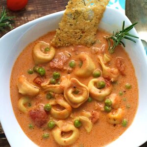 Tortellini and Tomato Soup with Parmesan Crisps