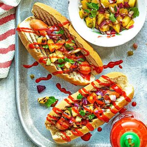 Tropical vegan hot dogs