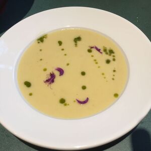 Velvety corn soup with cilantro oil