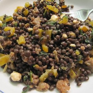 Warm Lentil Salad with Swiss Chard, Feta and Red Wine-Black Pepper Vinaigrette