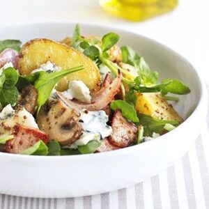 Warm new potato salad with bacon & blue cheese