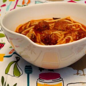 spaghetti and meatball soup (with roasted canned tomatoes)